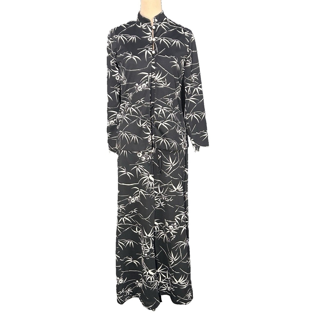 Vintage 70s JC Penny Black & White Bamboo Floral Print Jumpsuit & Jacket Set S/M